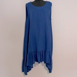 Match Point Blue Linen Sleeveless Tunic Dress with Bottom Ruffle Hem XL